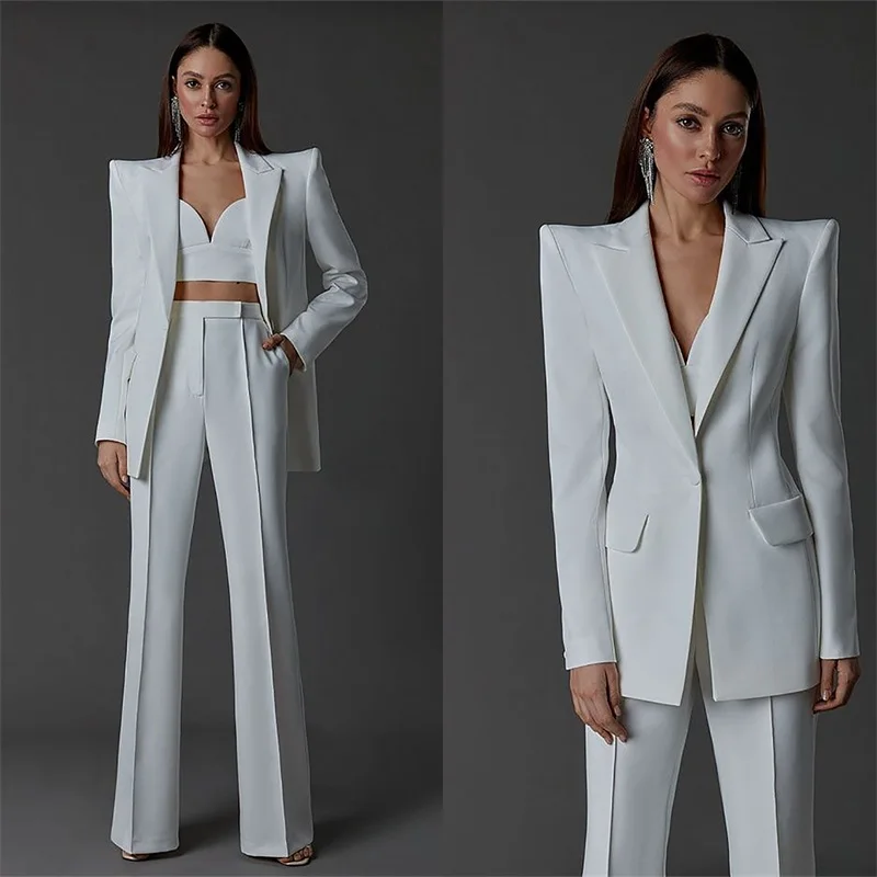 White Women Suits Set 3 Pcs Blazer+Top Bra+Pants Wedding Bride Dress Formal Pantsuit Business Office Lady Prom Jacket Customized