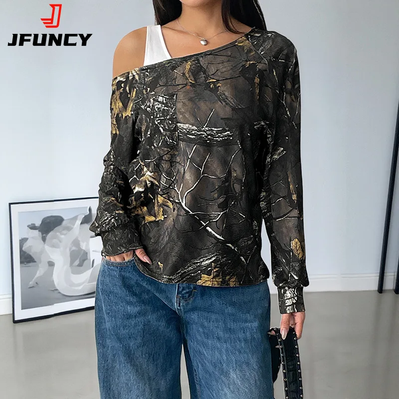 

2025 Autumn Women Tops Casual Spliced Fake Two-piece Off-the-shoulder Long Sleeve Pullover T-shirt