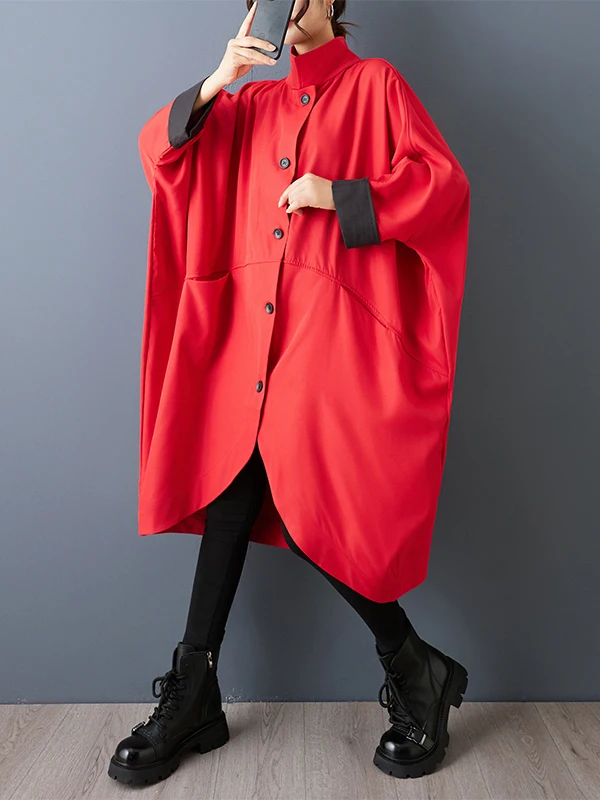 SuperAen الربيع والخريف جديد فضفاض الوقوف طوق الألوان المتناقضة Batwing الأكمام عارضة أزياء غير المتكافئة معاطف طويلة