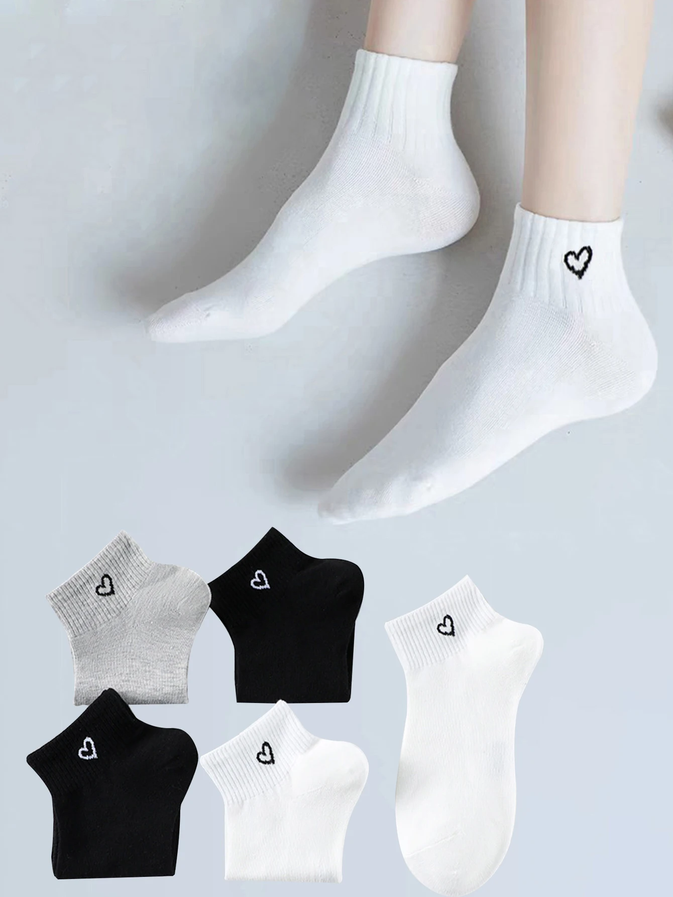 5 Pairs Women Solid Color Love Heart Black White Sports Short Socks Fashion Cute Lady Girl Ankle Socks Low Tube Boat Socks