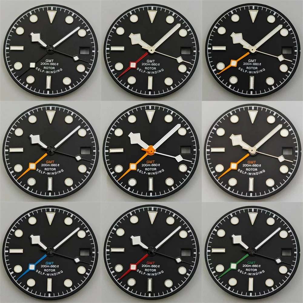 

Циферблат часов GRAMOCK 29 мм, черный циферблат с набором стрелок, зеленый светящийся механизм NH34