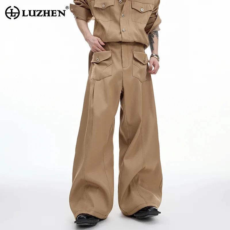 

LUZHEN Personalized Pockets Decorate Design Straight Casual Pants Men's 2025 New Solid Color Streetwear Wide Leg Jeans JY3209