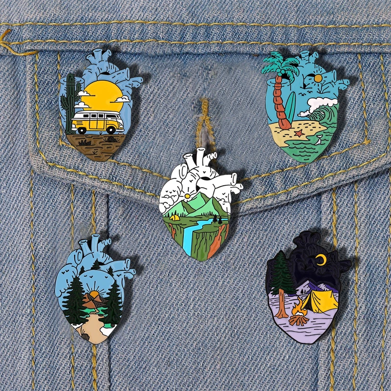 Heart Enamel Pins Beach Desert Camping Hiking Mountaineering Brooch Badges Cartoon Travel Lapel Jewelry Gift For Kids Friends