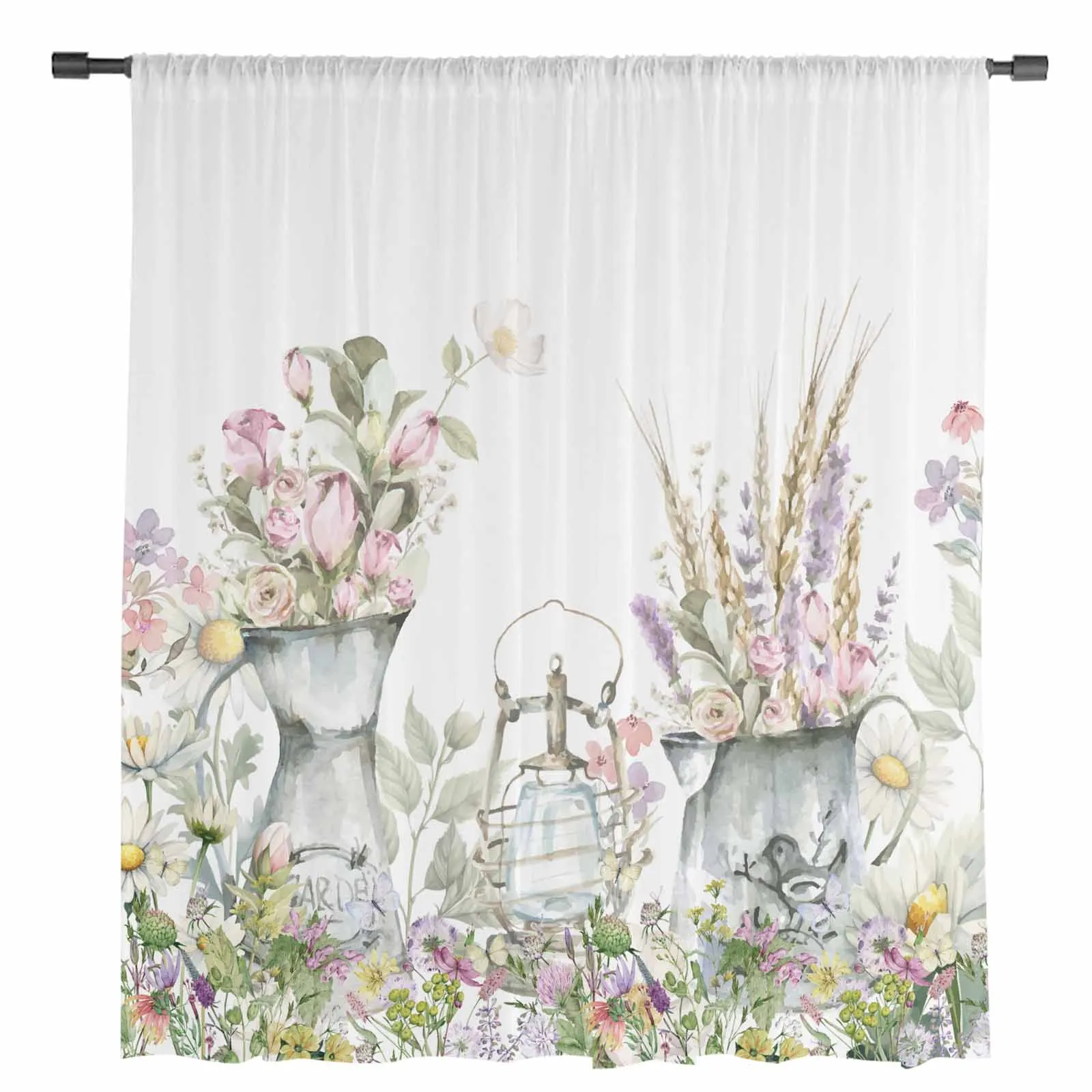 Plants Flowers Watercolor Vase Tulle Curtains for Living Room Bedroom Modern Chiffon Sheer Voile Kitchen Window Curtain