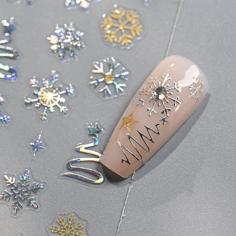 12Pcs 3D Glitter Weihnachten Schneeflocken Glocke Elch Nagel Aufkleber Laser Silber Weihnachten Baum Nagel Aufkleber Klebstoff Winter Nägel Dekoration