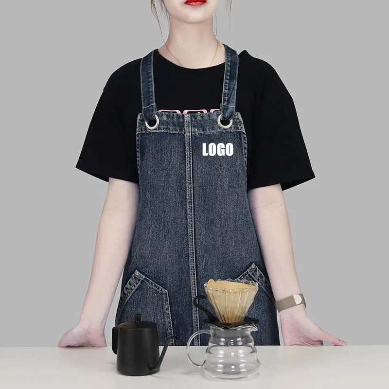 Customized Logo Washable Ready Denim Apron For Cafe Worker Pockets Apron With Gardening Jeans Sexy Apron