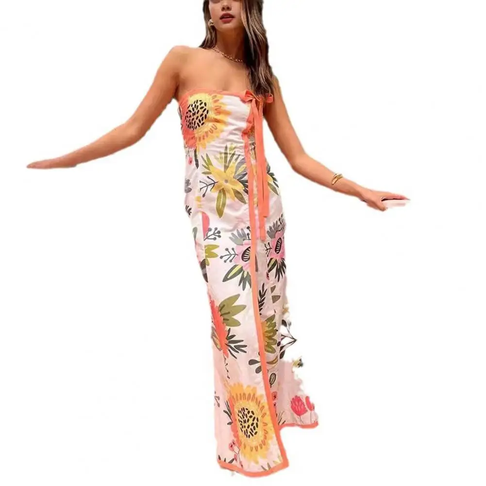 Women Dress Elegant Off Shoulder Maxi Dress with Floral Hem Lace-up Strap Detail for Women Resort Wear Beach Vacation Outfit