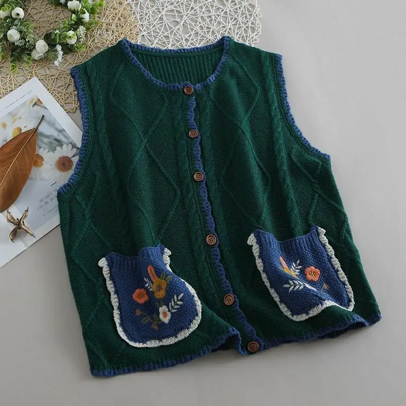 Autumn Sweater Vests for Women Vintage Embroidery Designed Kawaii Preppy Style Fashion Students Aesthetic Versatile Loose Chic