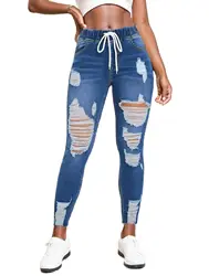 2023 Autumn New Women's Elastic Waist Ripped Jeans Fashion Skinny High Stretch Denim Pencil Pants Casual Slim Ladies Jeans S-2XL