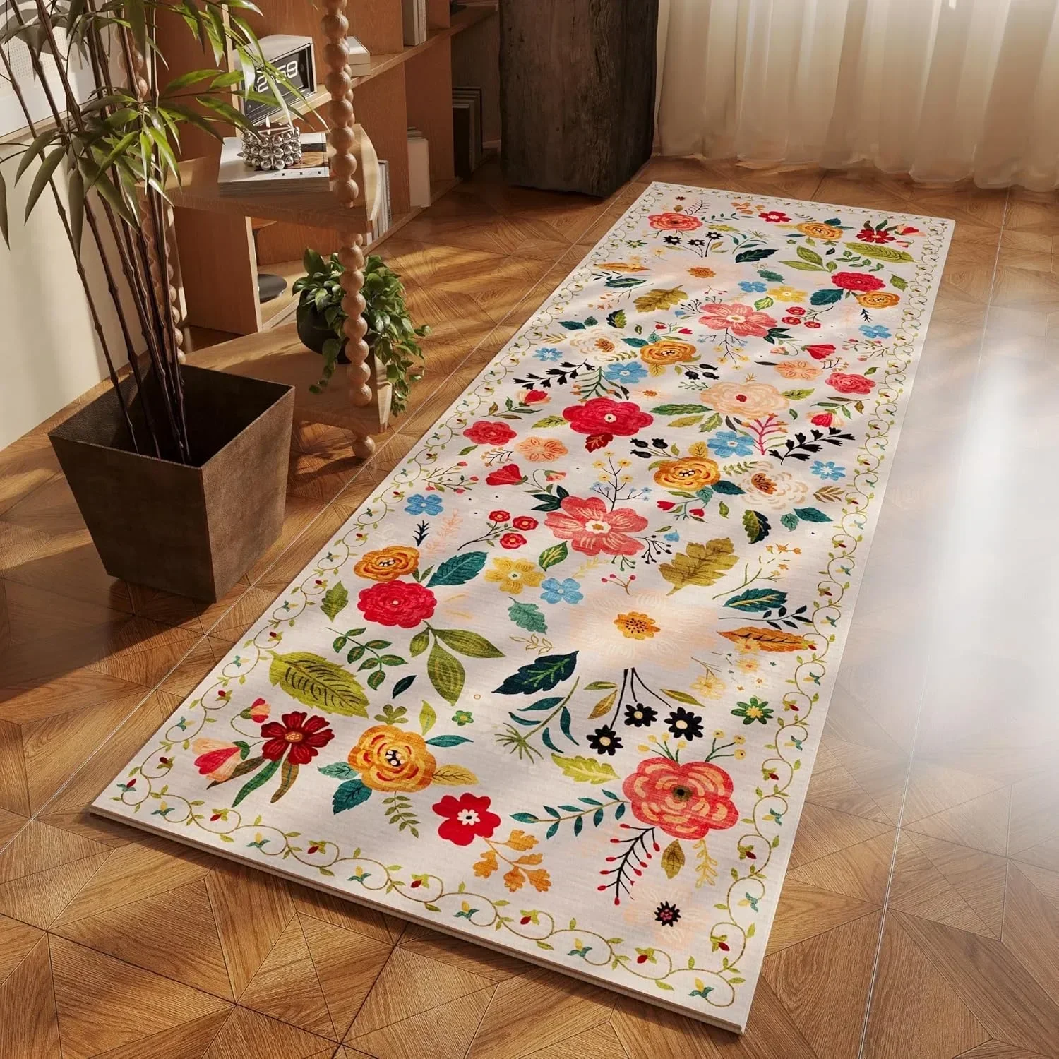 Bedroom Rug Bedside Long Floor Mat Soft Machine Washable Carpet Flower Pastoral Style Home Decoration Rugs for Living Room Hall