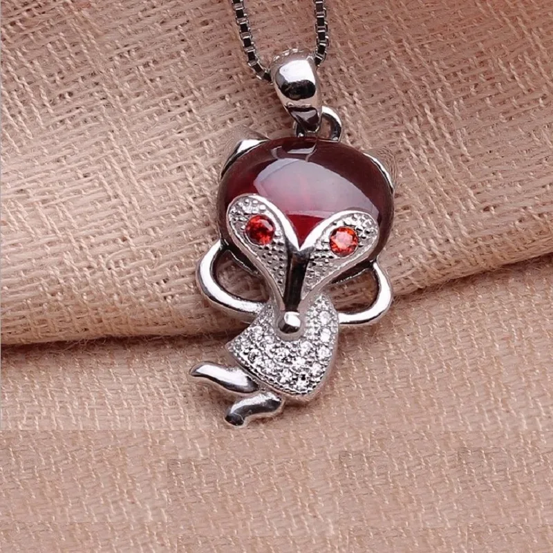 S925 Sterling Silver Elephant Fish Fox Crab Garnet Pendant  With Box Chain Silver Crystal Vintage Necklaces & Pendants Jewelry
