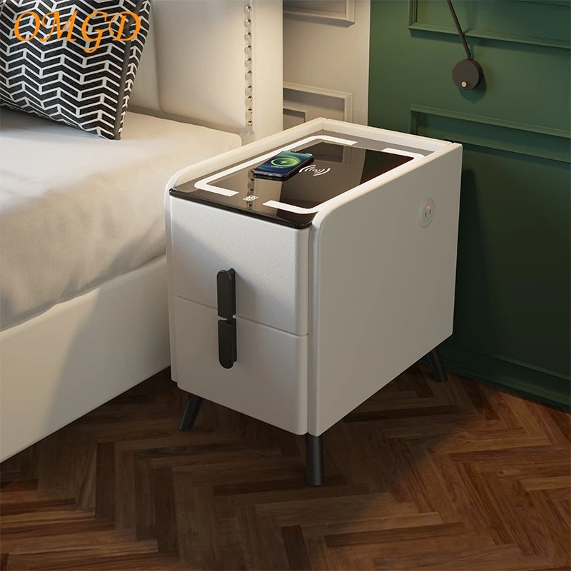 OMGD Upholstered Smart Nightstand Modern Minimalist Narrow Bedside Cabinet With Lights Wireless Charging Tri-Colour Lights