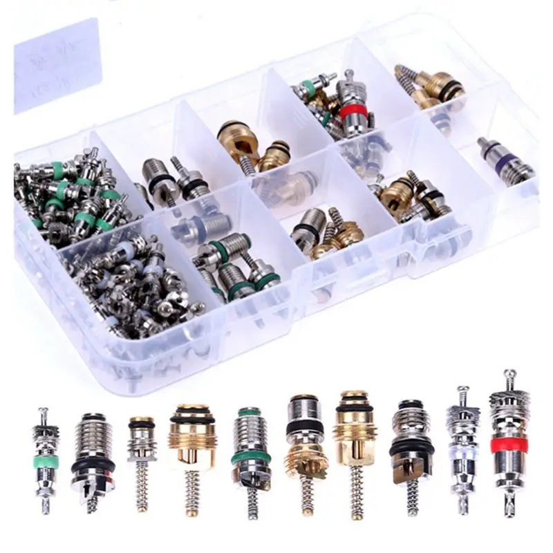 

A95G 104Pcs Car Air Conditioner Valve Cores Assortment A/C AC Shrader Valve Core & Tool R134 R12 HVAC Valves Kit Replacement