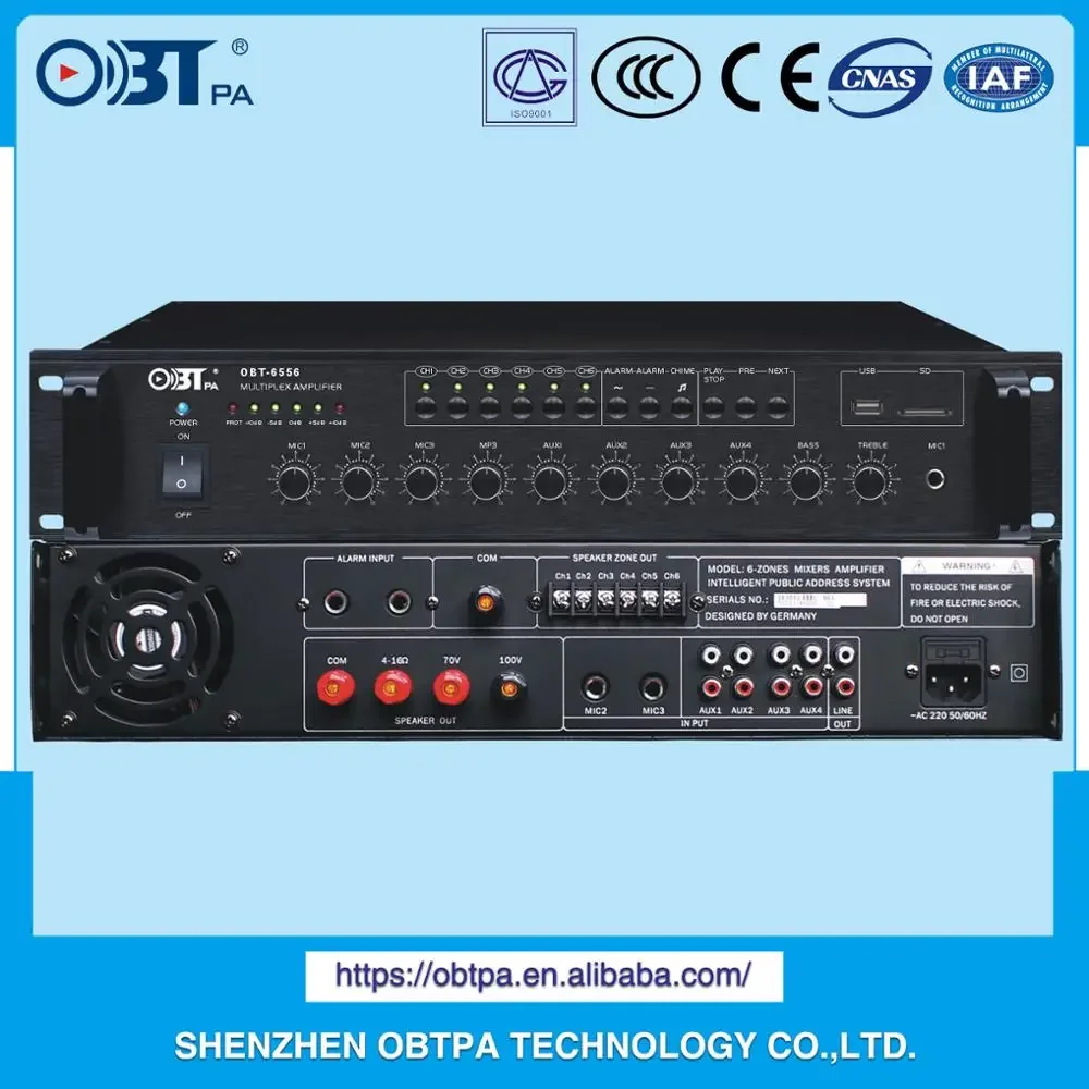 OBT-6556 550W Multiroom Audio and USB MP3 Player System 6 Channel 100V Amplifier with Fire Alarm