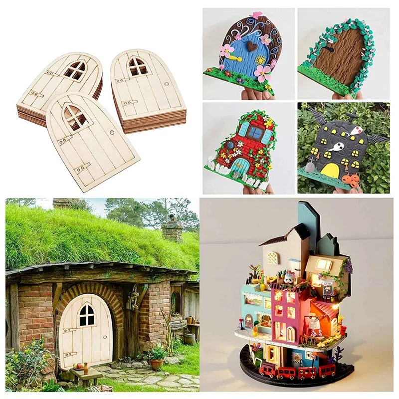 30 Pcs Unpainted Simulation Wooden Fairy Mini Blank Garden Hollow Out Elf Door For Miniature DIY Craft Embellishments