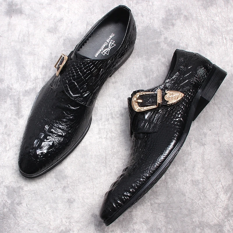 HNXC Crocodile Pattern Men Wedding Dress Shoes Pointed Toe Black Burgundy Loafers Genuine Leather Slip On Casual Oxford Shoes