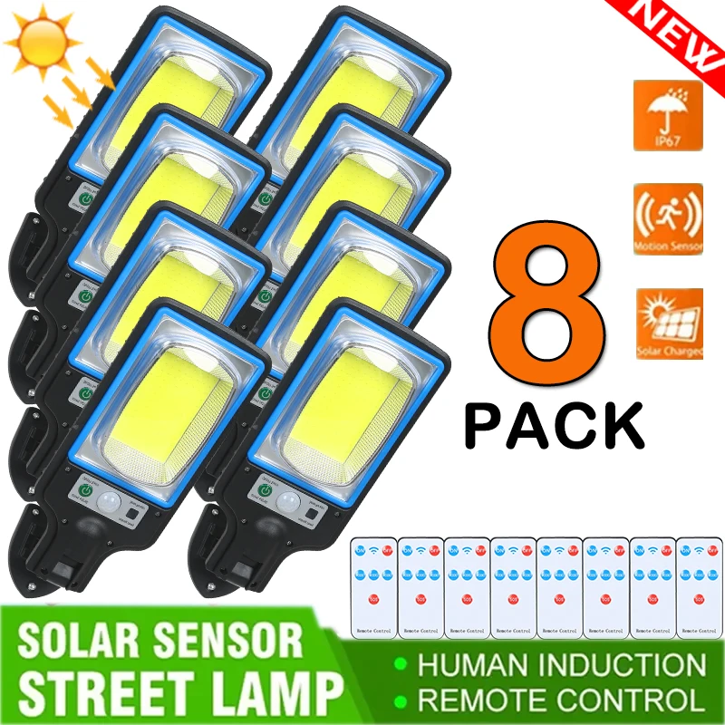 LED Solar Street Lights Outdoor COB 1-8 Pack Solar Lamp With 3 Light Mode Waterproof Motion Sensor Security Lighting for Garden