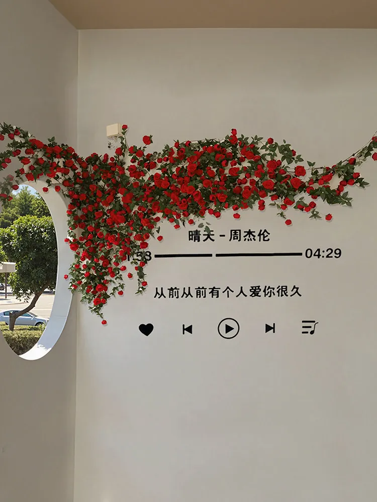 Internet celebrity rose wall decoration simulation vine landscaping check-in background wall air conditioning pipe layout
