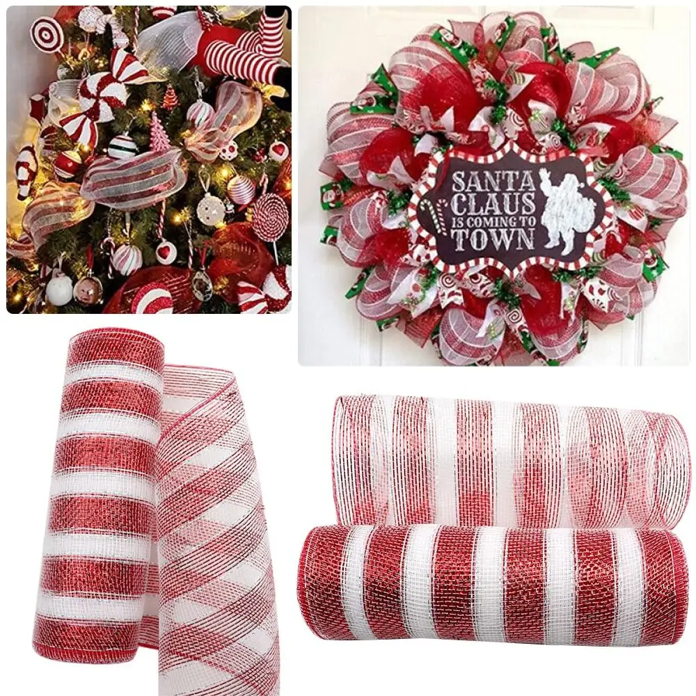 

Reusable Net Yarn Mesh Ribbon Candy Cane Decoration Christmas Wreath Tree Stripes Christmas Ribbon Mesh Roll