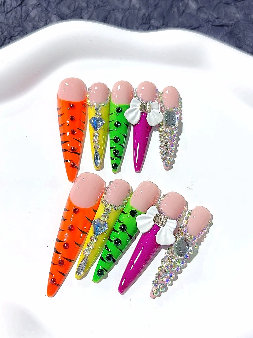 5cm Multi-Color French Butterfly Rhinestone Long Pointed Fashion Nail Art (M039)