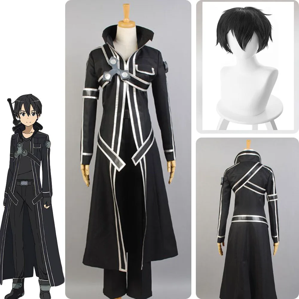 

Sword Art Online SAO Cosplay Costume Kazuto Kirigaya Kirito Halloween Full Sets Outfit Set With Wig For Men Costumes S-XL