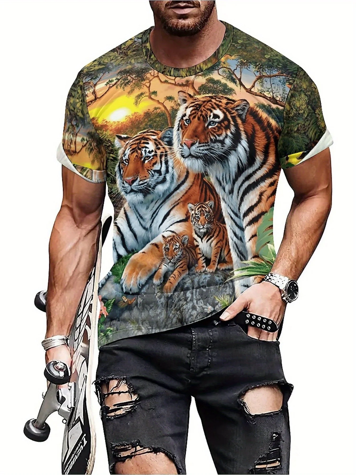 Camiseta masculina com estampa 3D Tiger Family – Design Vibrant Sunset, ajuste solto, manga curta, poliéster, camiseta casual de verão