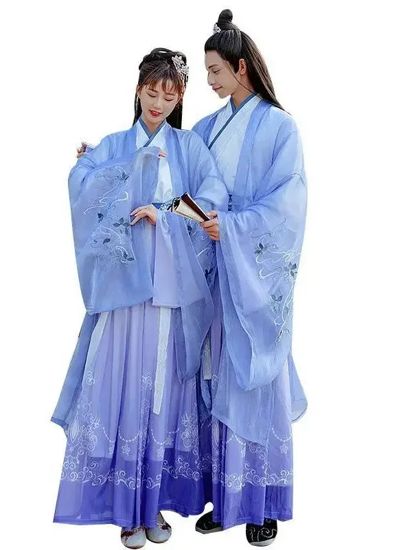 Chinese Men Hanfu Dress Set Cross Collar Oriental Ancient Costume Party Cosplay Wuxia Fancy Outfit Couple Purple Hanfu Set