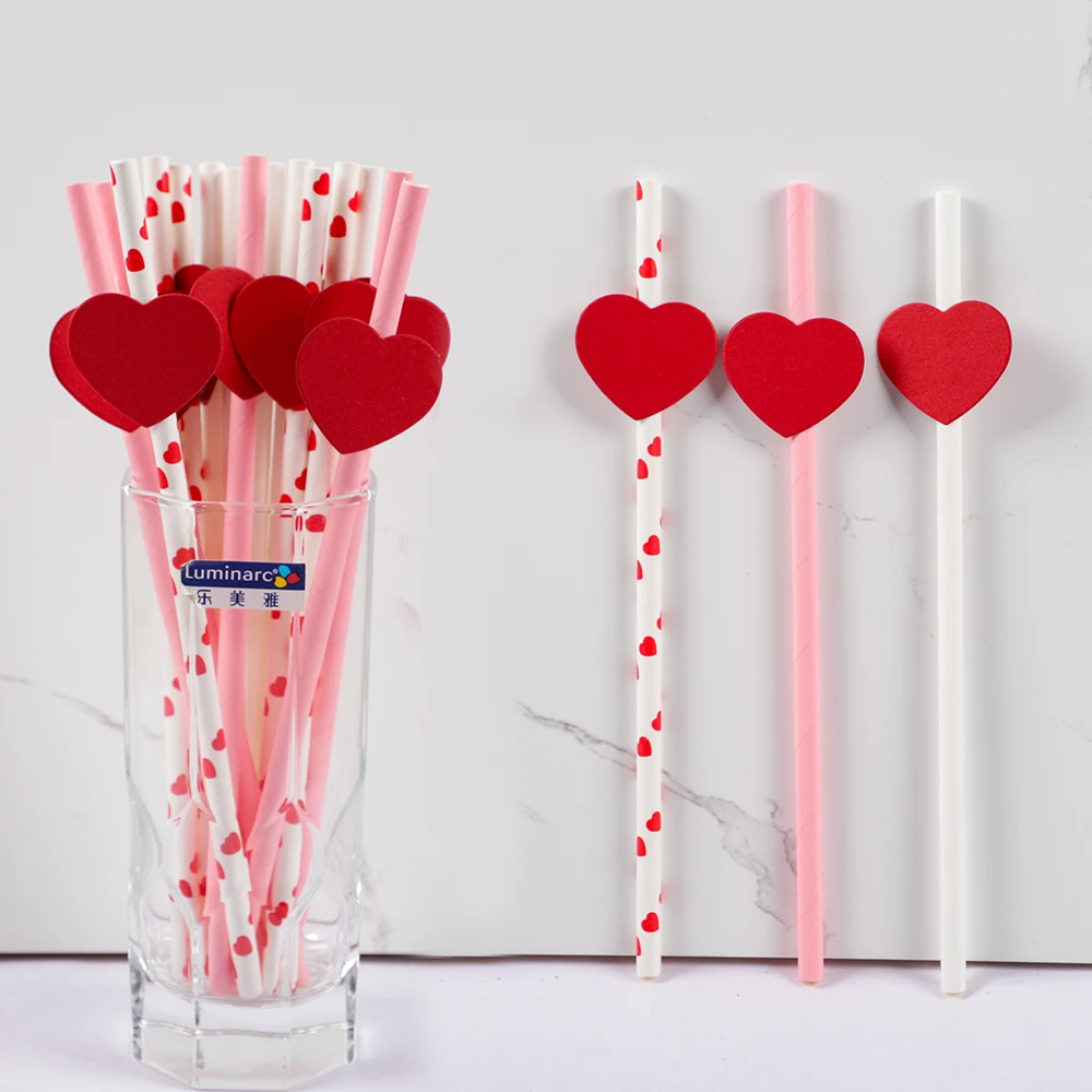 20Pcs Red Love Heart Paper Straws Romantic Wedding Party Straws Tableware Supplies Happy Valentine's Day Party Decoration