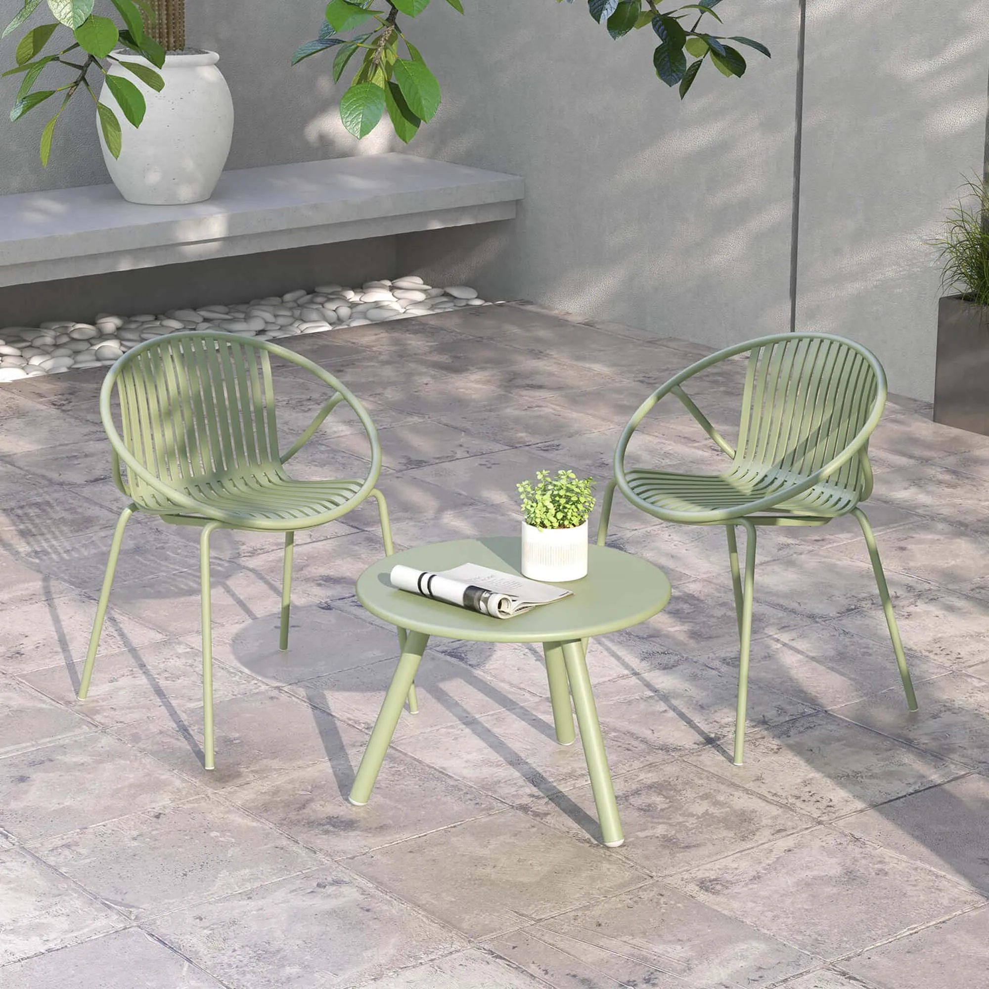 3 Pieces Bistro Set All Weather PP Patio Conversation Set with Round Coffee table Green