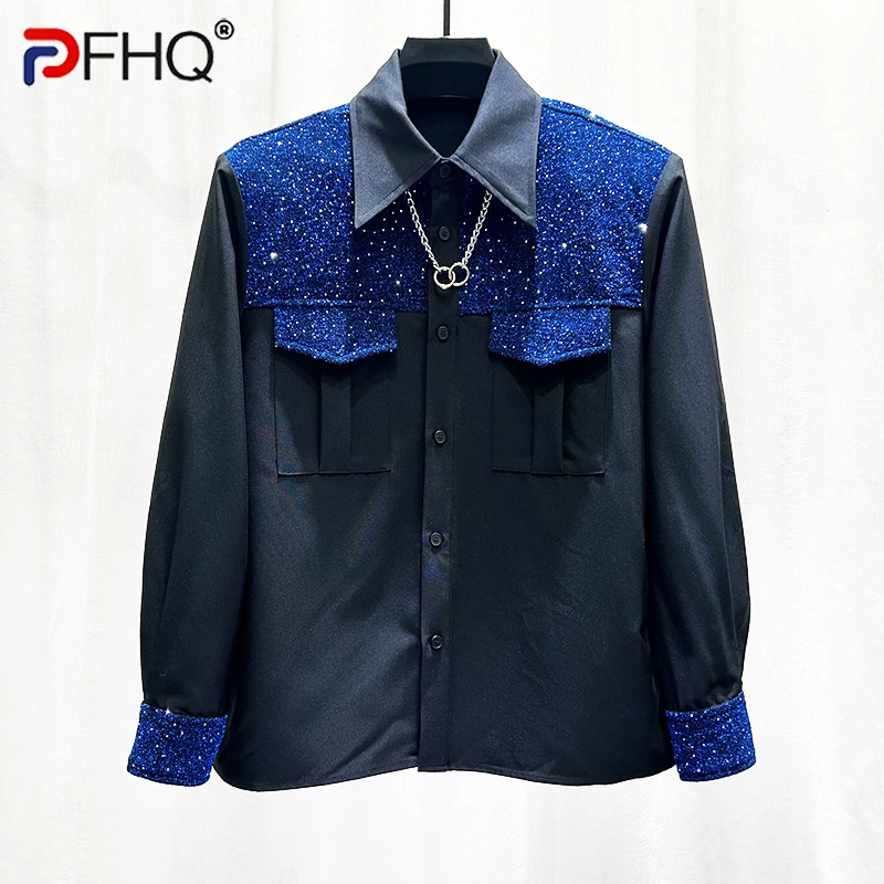 

PFHQ New Fashionable Design Splicing Contrast Color Diamond Shirt Men Personalized Loose Casual Versatile Male Tops 21Z6263