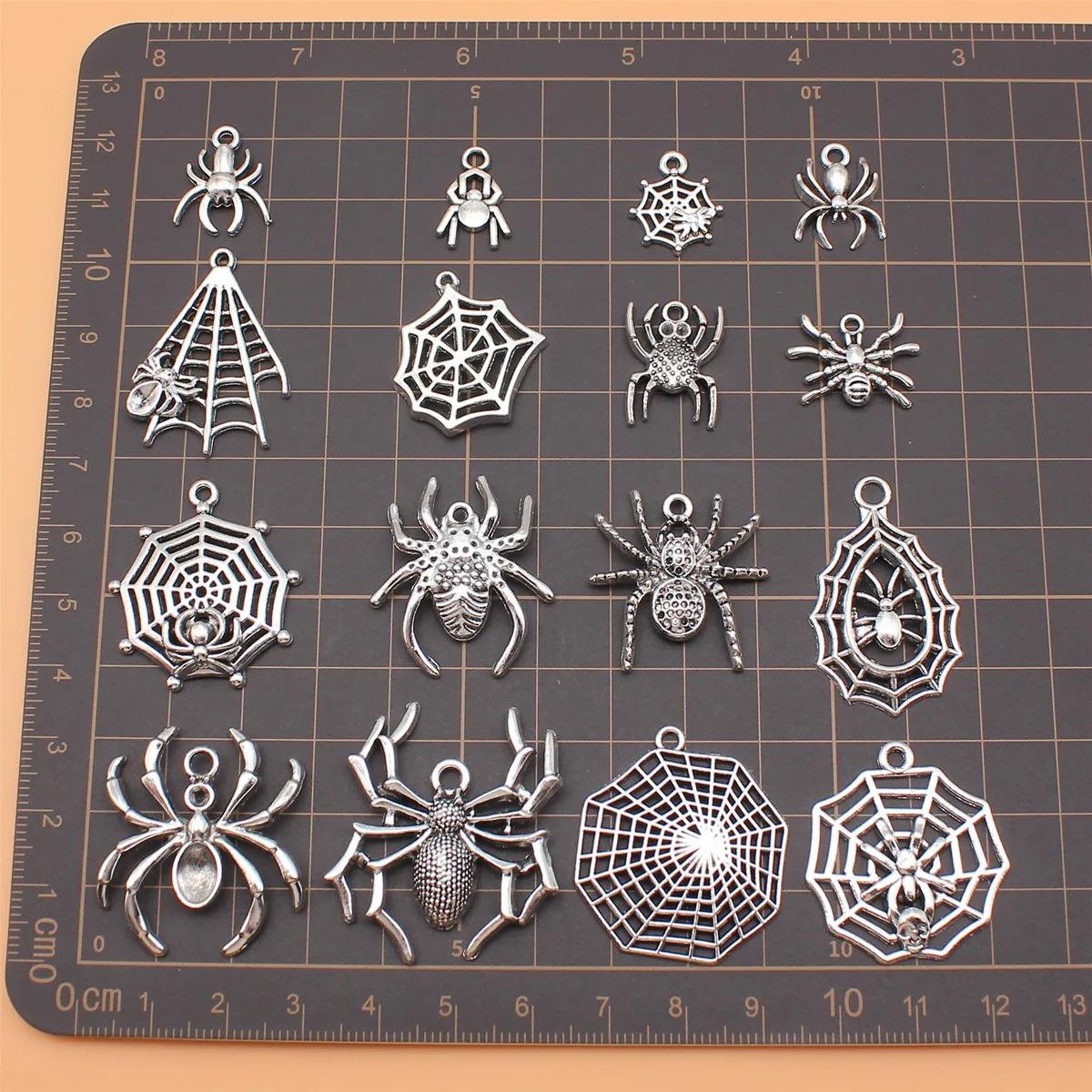 16pcs Antique Silver Color Spider Charms Collection For DIY Jewelry Making, 16 Styles, 1 of Each