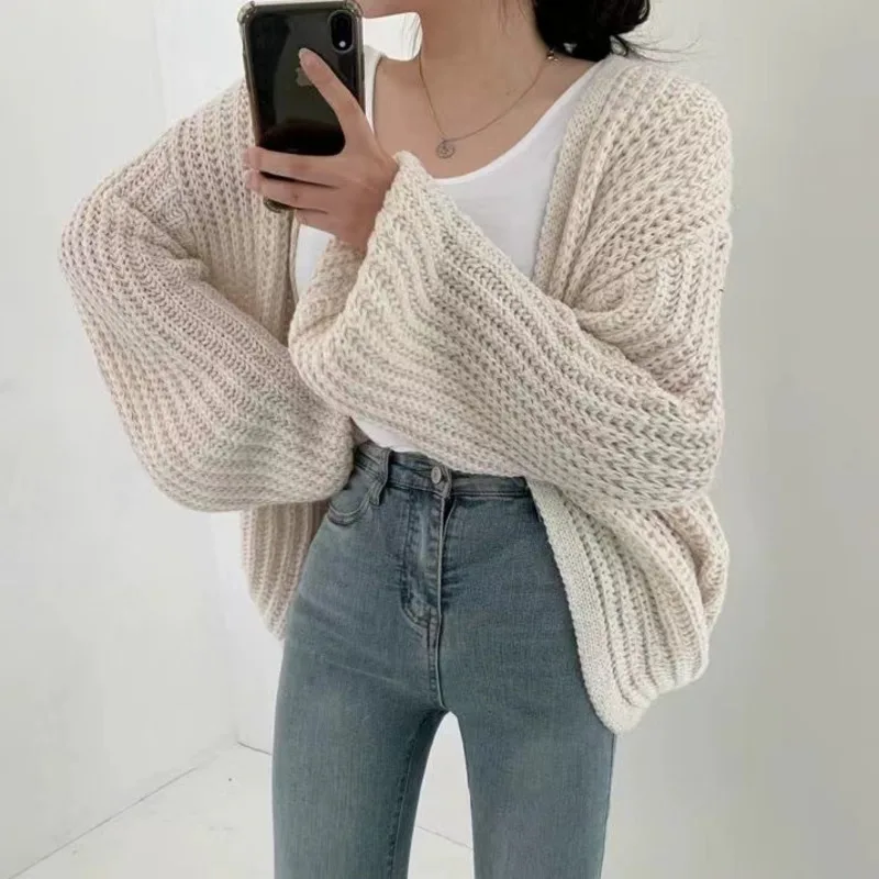 

Chic Versatile Solid Color Knitted Long Sleeved Women's Shirt 2024 New Autumn Casual V Neck Loose Sweater Jacket Street Cardigan