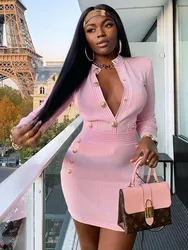 Pink Color Women Long Sleeve Button Fashion Bodycon Mini Dress Long Sleeve Girls Birthday Party Date Sexy Dress