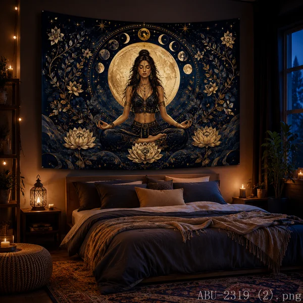 VIKAMA Crescent Moon Lotus Meditation Man Tapestry Starry Constellation Wall Hanging Spiritual Yoga Studio Aesthetic Decor