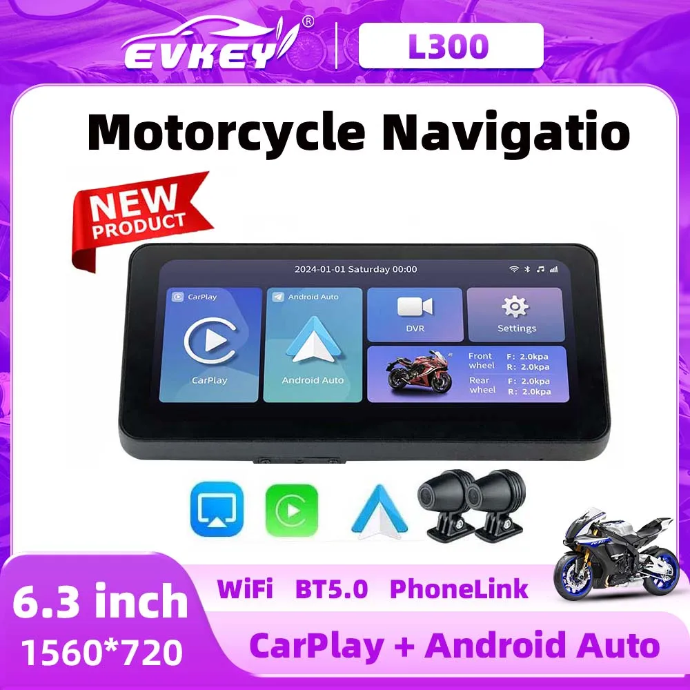 

EKIY 6.3" Motorcycle DVR Dash Camera IPS Screen Registrar Wireless Apple Carplay Android auto Dual Lens Remote Control