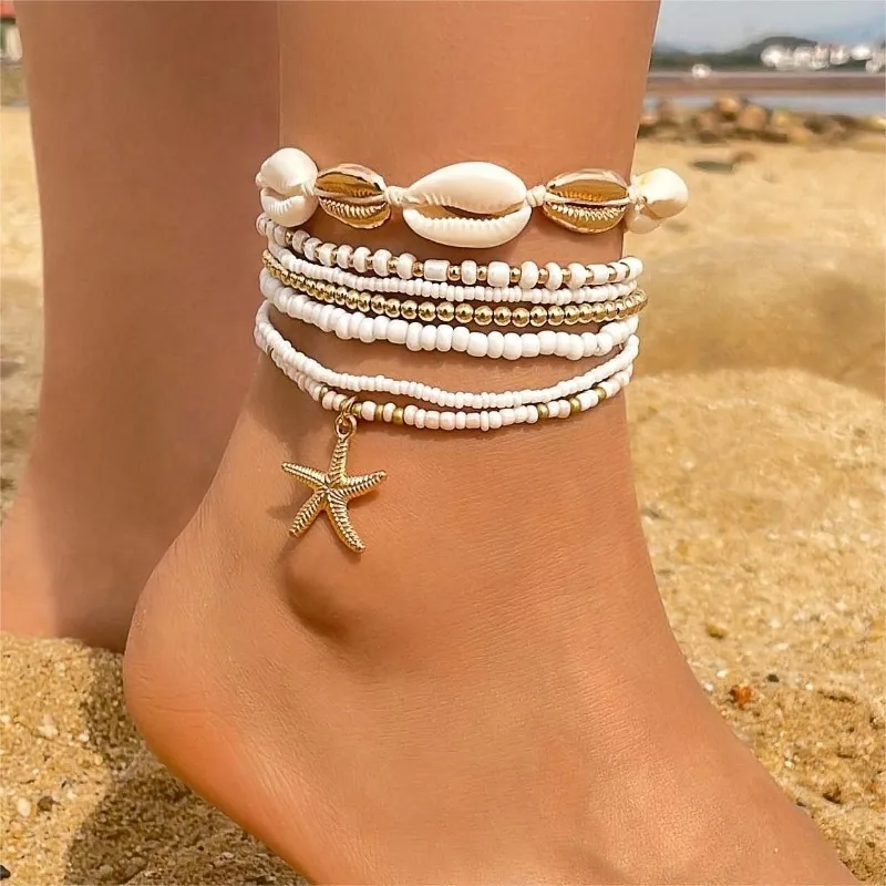 Cross-border New Bohemian Holiday Wind Shell Beaded Braided Women\'s Anklet Beach Wind Starfish Rice Beads Seven-piece Set 2024