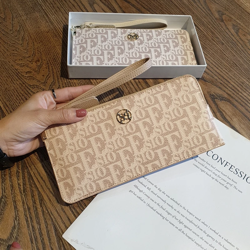 2025 Thin Women Wallets Genuine Leather Clutch Bag Original Brand Long Cowhide Purse With Logo Letter Print Grained Clutches