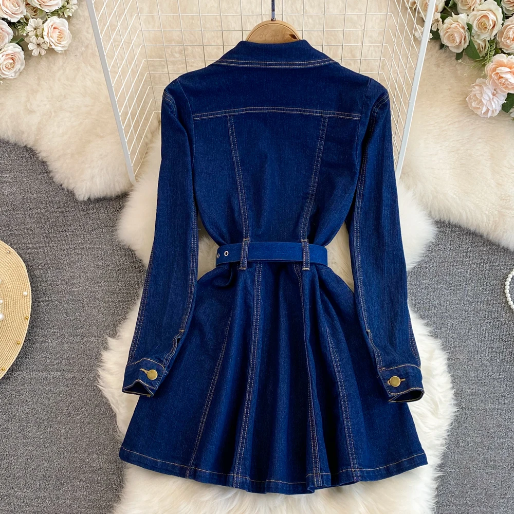 2023 Autumn Winter Retro Premium Style Long Sleeved Suit Collar Double Breasted Waist Shrinking A-line Denim Dress