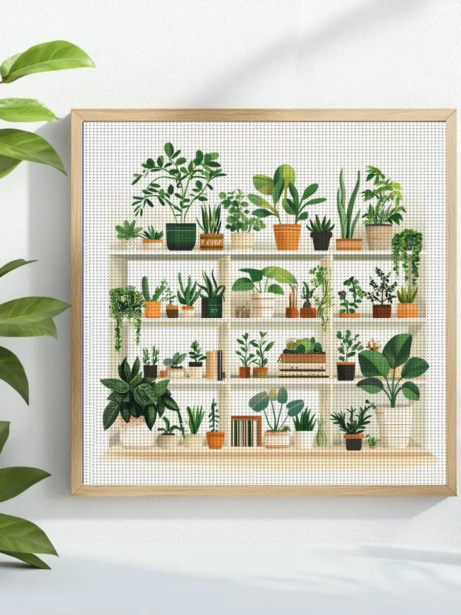 1 Stück 40x40 cm/15,74 Zoll Kreuzstich-Set mit grünen Pflanzenmotiven, DIY-Set 11CT/14CT, DIY-Stickset, DIY-Kreuzstich-Set – Detail 1