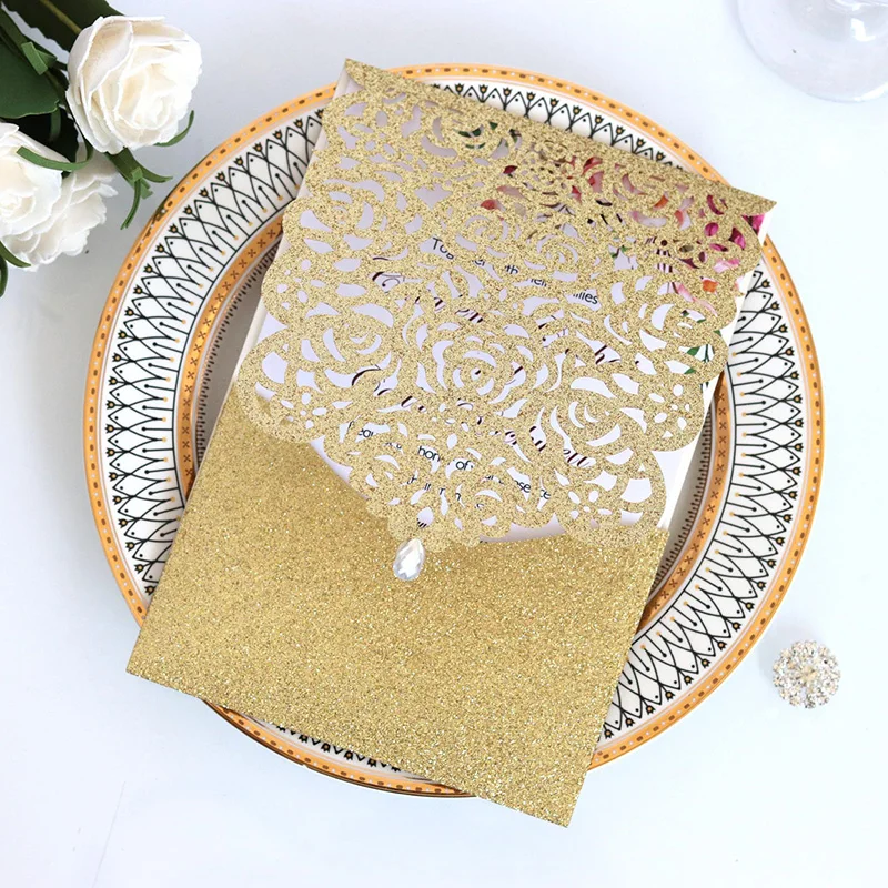 50Pcs Glitter Paper Laser Cut Hollowed Roses Wedding Invitation Card Cover Supply Engagement Christmas Party Wedding Decorations