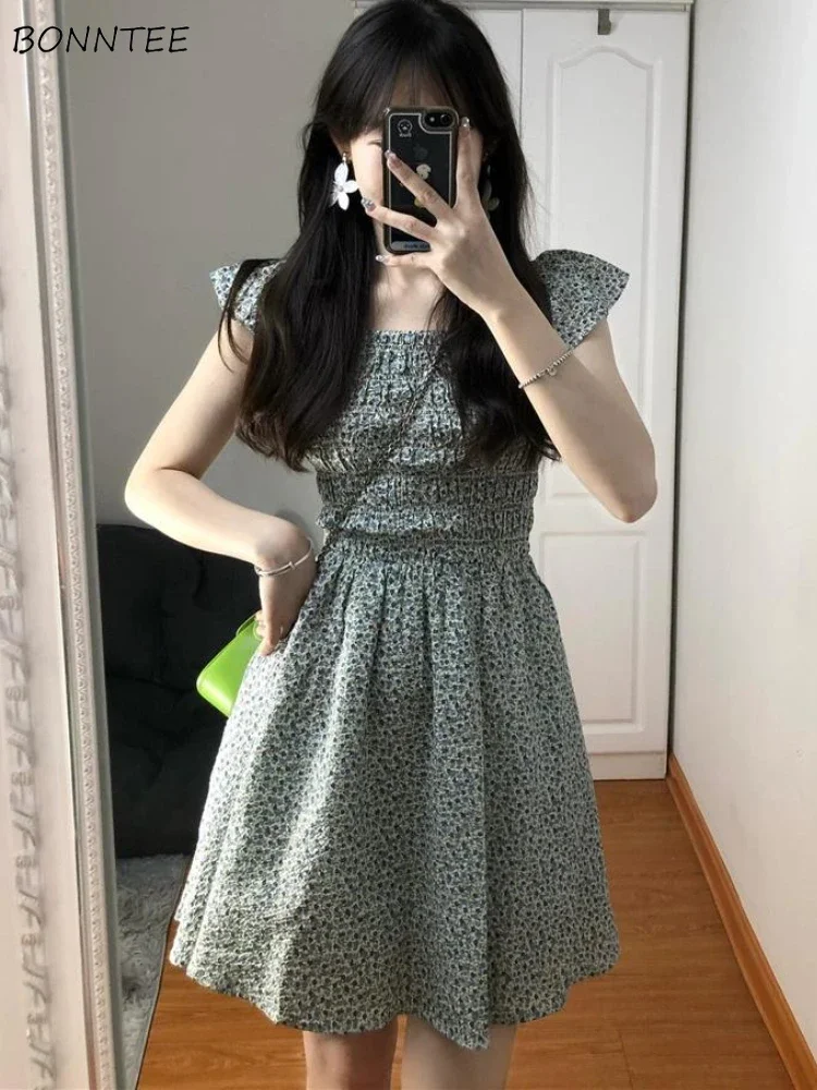 Abiti floreali Donna Prairie Chic Design Semplici Studenti Estate Mini Abiti Manica volante Pieghe dolci Tempo libero Stile coreano Ins