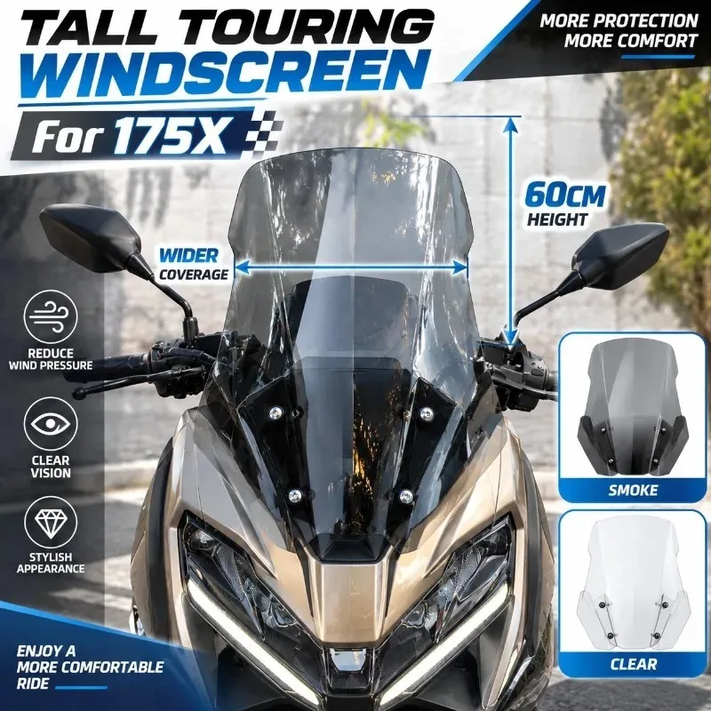 Motorcycle Tall Windscreen 60CM Wide Touring Windshield Front Wind Deflector Modified Accessories For 175X