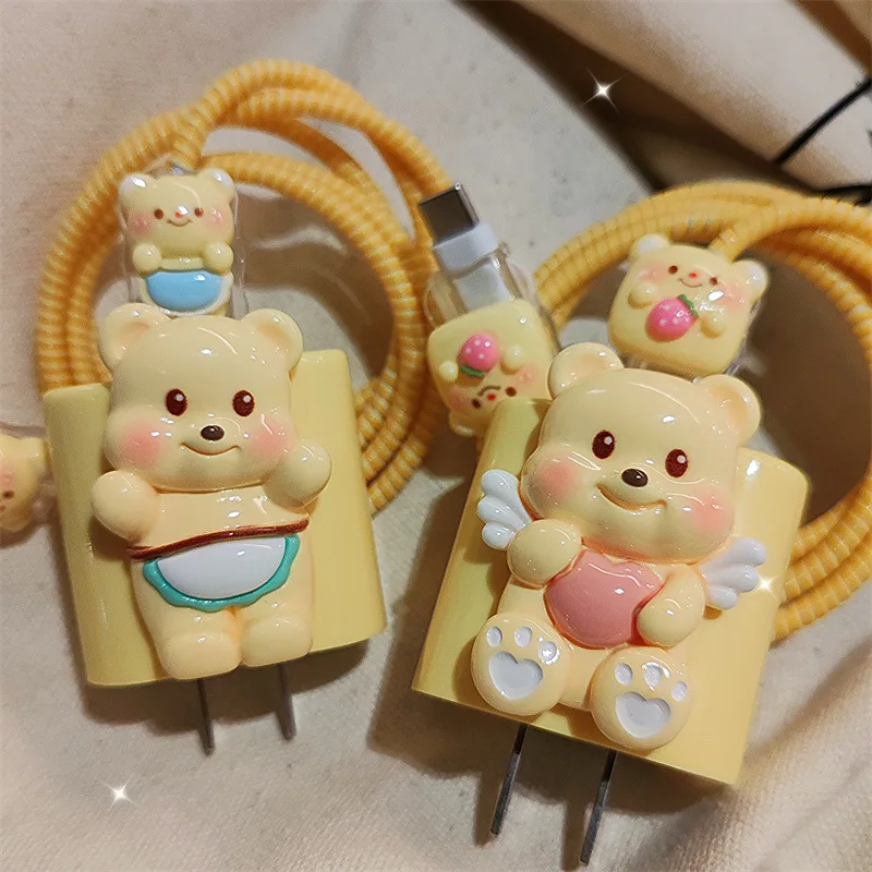 3D Bear Design Charger Cable Protector Cover For IPhone 15 14 13 12 11 18W 20W Charger Data Cable Line Spiral Winder Protective