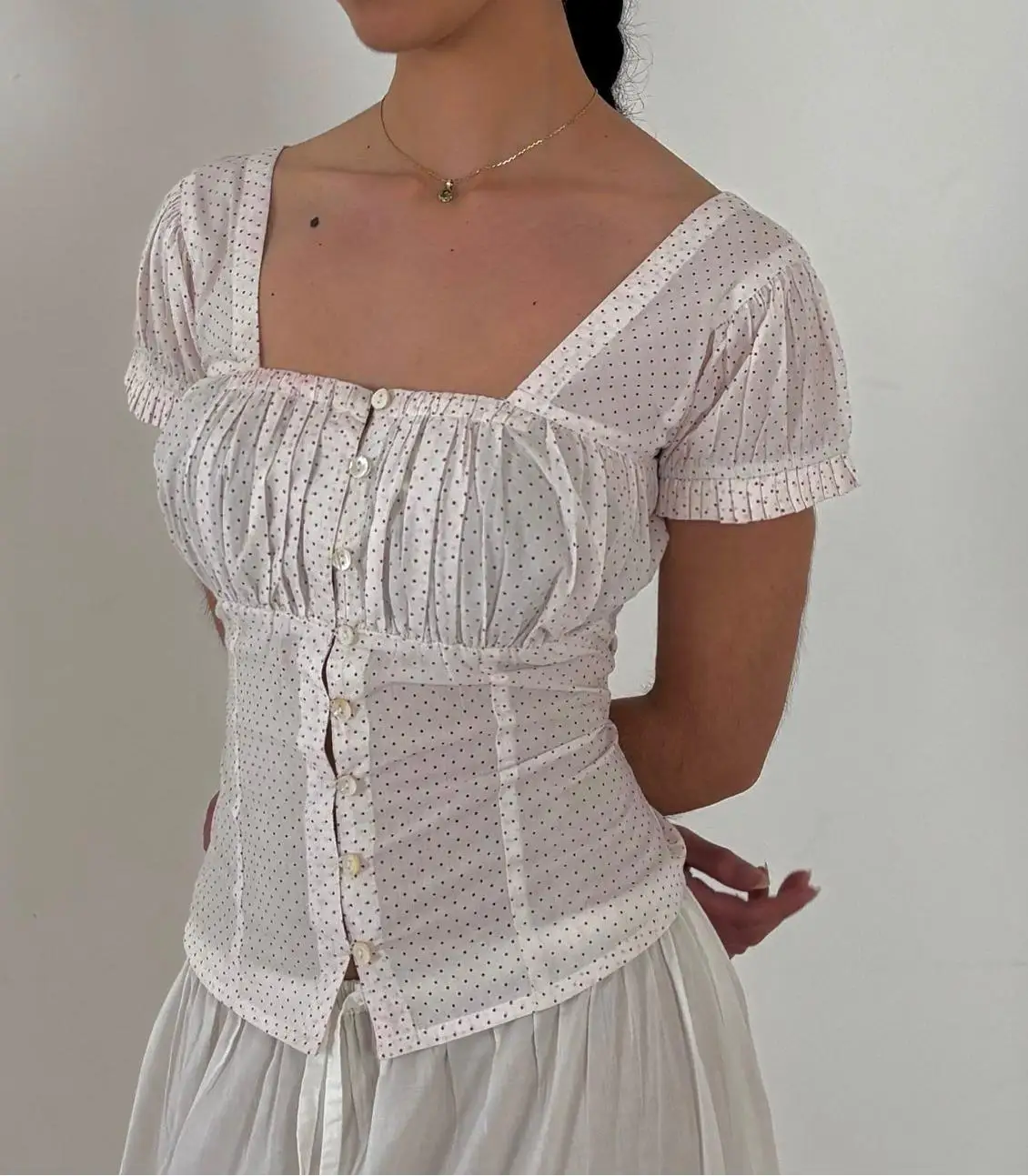2025 ريترو خمر 50s بلايز الصيف قصيرة الأكمام البولكا نقطة مطبوعة تي شيرتات قطن بلوزات المرأة عادية رائجة البيع S-XL