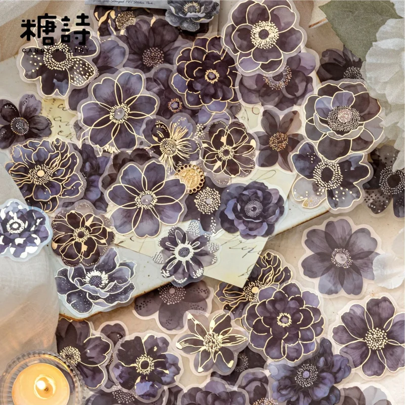 40 Sheets Vintage Gorgeous Flower Gold Foil PET Stickers, Transparent film with gold-trimmed flowers