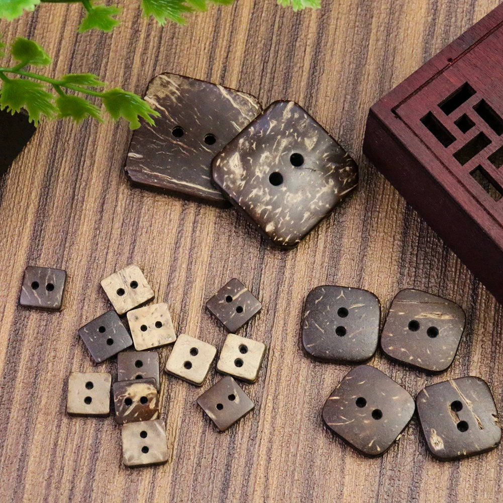 10pcs Random Two Hole Retro Natural Coconut Shell Square Button Sweater Fastener Coat Ornament Press Stud Clothing Accessories