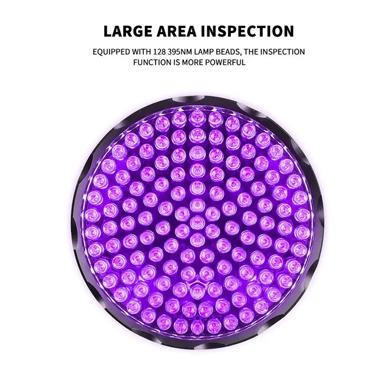 128 395NM UV LED Purple Light Ultraviolet Inspection Flashlight Waterproof Multifunctional Fluorescent Detector Portable Torch