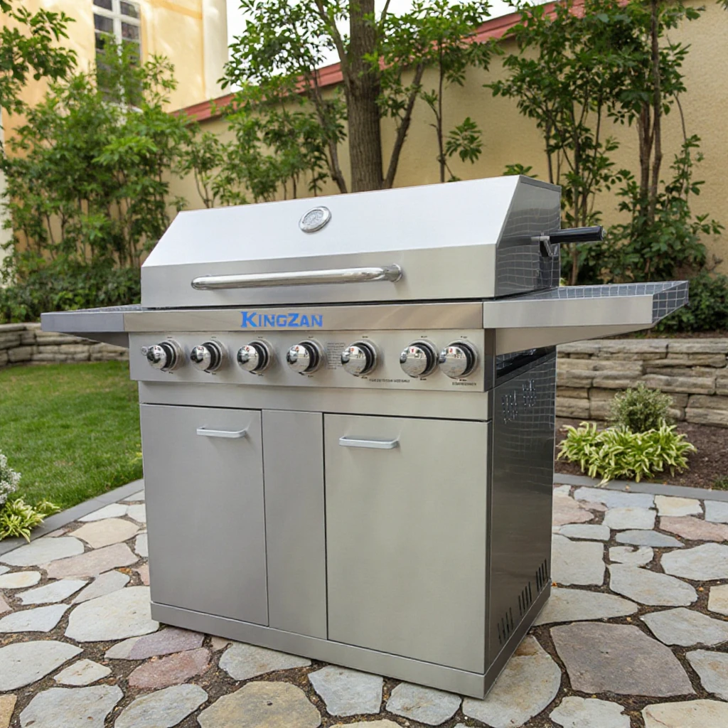 

【Popular】 6-Burner Stainless Steel 304 Porcelain Enameled Portable Cart Adjustable Height Outdoor Grill LGP Fuel Flame