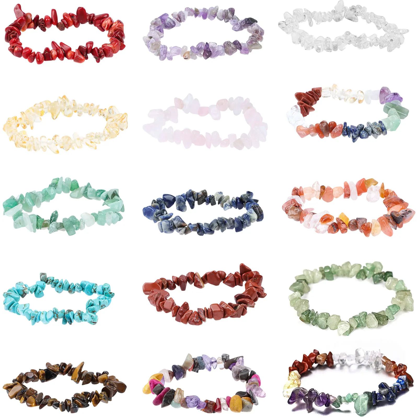 Juego de pulseras de Chip de cristal Irregular, pulseras de piedras preciosas naturales, pulseras elásticas de cristal, cuentas de Chips irregulares, 15 piezas