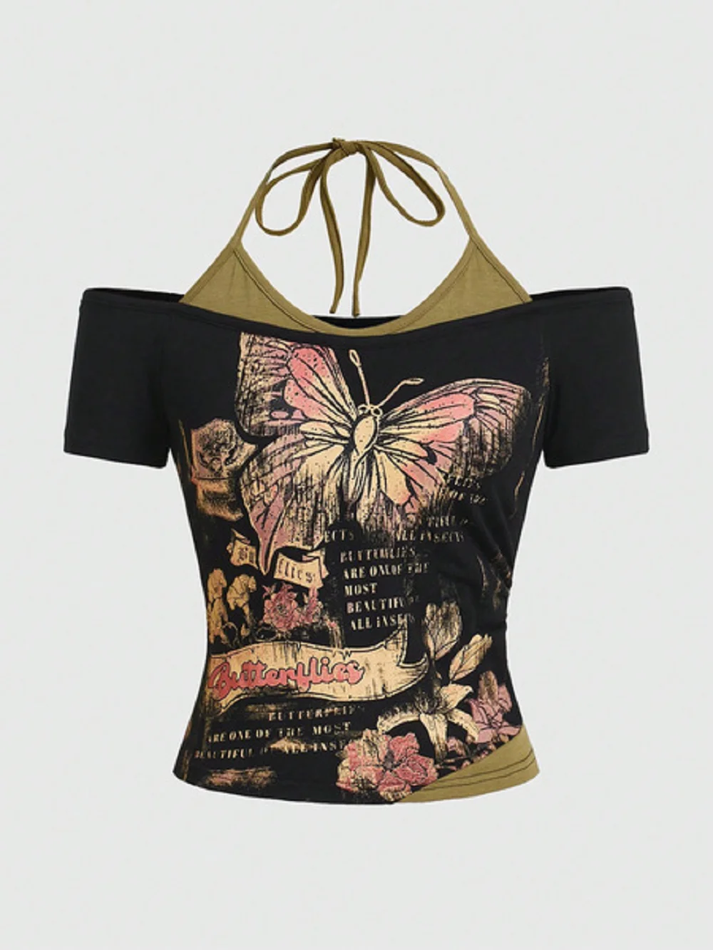 

Summer Fake Two Pieces Halter Bandage Vintage T-shirts Y2k Aesthetic Slim Crop Tops Women Grunge Print Harajuku Casual Sexy Tee